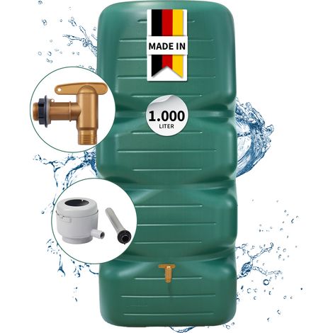 GARANTIA CUBUS Regentonne Komplett-Set 1000 Liter, dunkelgrün inkl. Kunststoff-Auslaufhahn und Fallrohranschluss