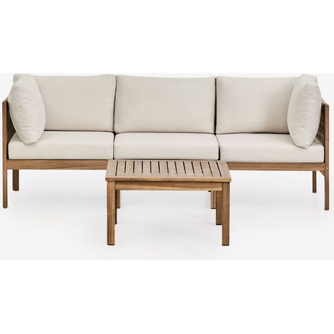 SKLUM Wohnzimmer-Set mit 3-teiliger modularer Sofagarnitur mit Armlehnen und Couchtisch aus Akazienholz Branson Weiß Gardenia – Braun Acacia (1/5)