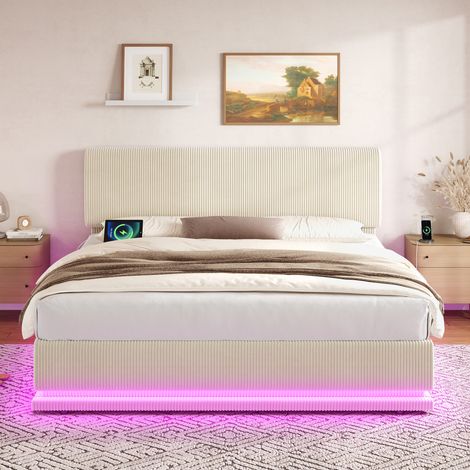 Cama tapizada moderna de pana beige 140x200 cm con cabecero regulable, LED, USB-C y almacenaje bajo la cama (1/5)