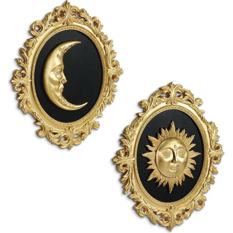Lot de 2 décorations murales célestes en résine 3D pour la maison, cadre doré vintage, visage de soleil, croissant de lune, sculpture pour salon, chambre à coucher, galerie murale (1/5)