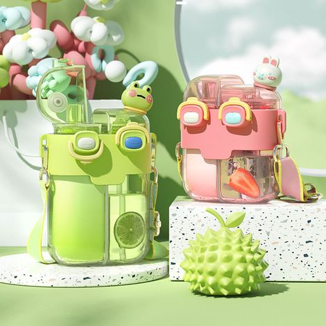 Bouteille d'eau mignonne en plastique double usage avec paille et sangle réglable pour sport extérieur voyage, vert citron 780ml (1/5)
