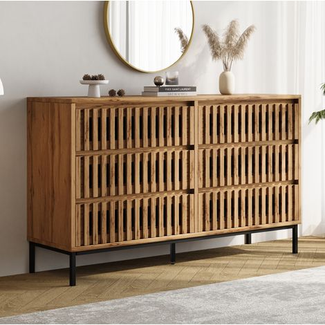 Buffet de rangement 120x40x81 cm à 6 tiroirs, design grillagé, 5 pieds, plateau stable, bois naturel MDF et panneau de particules (1/5)