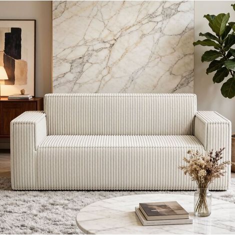 Divano a 2 posti 94x37x37 cm, seduta profonda, senza montaggio, tessuto a coste, bianco sporco (1/5)
