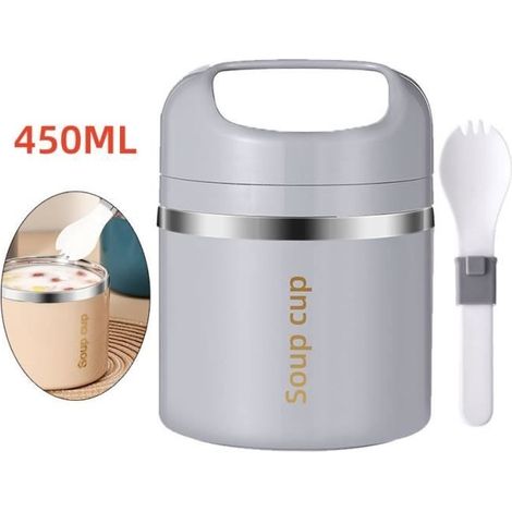 (Hellgrau) Isolierter Lebensmittelbehälter – Thermoskanne – Edelstahl – 450 ml – Tragbar – Hellgrau (1/4)