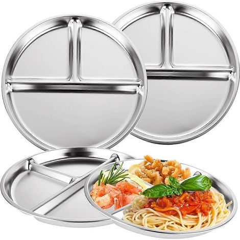 Lot de 3 assiettes compartimentées en acier inoxydable, mini-plateaux de 23 cm réutilisables (1/5)