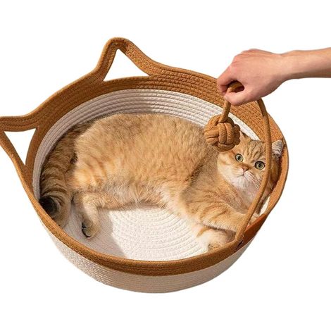 Panier pour chat en corde de coton tissée à la main - Respirant et facile à nettoyer - Hamac pliable pour chat avec motif oreilles de chat et balle de jeu - Marron - 45 cm (1/5)
