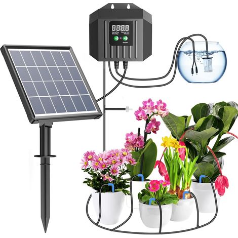 Biling Solar Bewässerungssystem Balkon, 7,5W 15M Automatische Bewässerung für Pflanzen im Urlaub mit Timer, Solar Tropfbewässerung für Garten Gewächshaus Blumen, Eitersparnis und Umweltbonus (1/5)