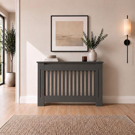 Radiator Cover Medium Anthracite Grey Modern Vertical Slat MDF Cabinet with Display Shelf 1120x815x190mm (1/5)