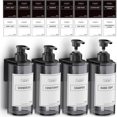 4 Pièces Distributeur de Savon Mural, 500ml No Perçage Distributeur Gel Douche avec Étiquettes pour Cuisine et Salle de Bains - Gris (1/5)