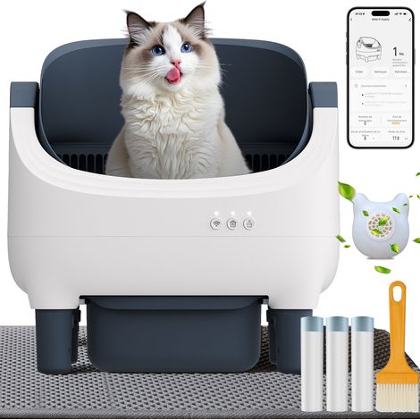 Litière chat autonettoyante capacité maximale de 76L + 11L, bac à litière pour chat alerte intelligente via contrôle app, surveillance santé, capteur infrarouge, adapté à de nombreux types de litière