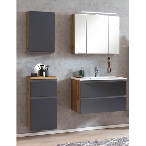 Badezimmer Set mit Waschbecken und LED Beleuchtung, Wotan Eiche Nb. mit matt grau, VASTO-03-GREY, B/H/T ca. 135/200/47 cm (1/5)