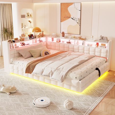 Lit banquette coffre rembourré 140x200 cm avec rangement hydraulique, LED, prises USB/Type-C, étagères, sommier à lattes, velours, beige (1/5)