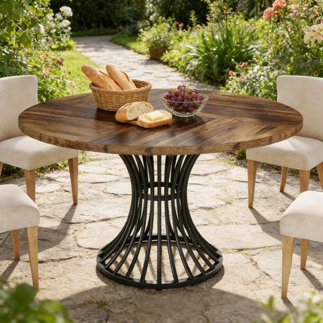 Mesa de comedor redonda negra y marrón rústico en MDF y metal con estilo retro e industrial (1/5)