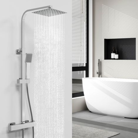 Sky Bathroom Exquisitely-Crafted Thermostatic Mixer Shower Kit Square Chrome Dual Shower Head Exposed Valve (1/5)