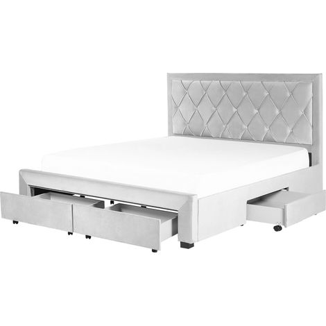 Storage Bed Light Grey Velvet Upholstery EU Super King Size 6ft Tufted Tall Headboard Drawers Glam Design LIEVIN