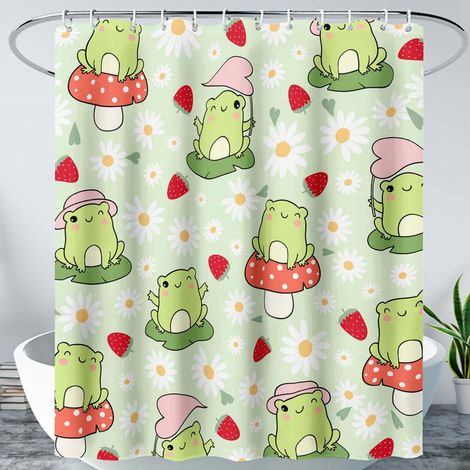 Cortina de ducha con estampado de ranas adorables, estampado de ranas fresa, cortina de ducha impermeable para niños, estampado de ranas setas, poliéster (1/5)