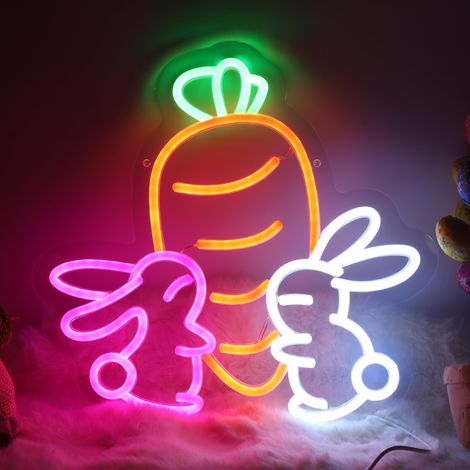 Lapin et carotte lumineux néon mignons, néons LED mignons pour Pâques, décorations murales, chambre et éclairage de chambre d'enfant, néons lapin alimentés par USB, cadeaux parfaits et joyeux (1/5)