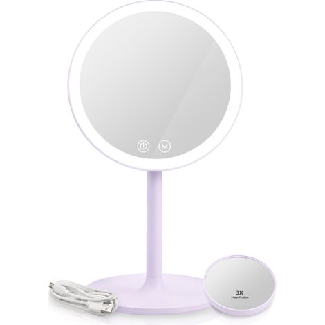 EMKE Specchio da trucco con luci, ricaricabile, portatile, con LED da viaggio, con ingrandimento 3X, mini specchio cosmetico, con vassoio di immagazzinaggio e 3 luci, viola chiaro