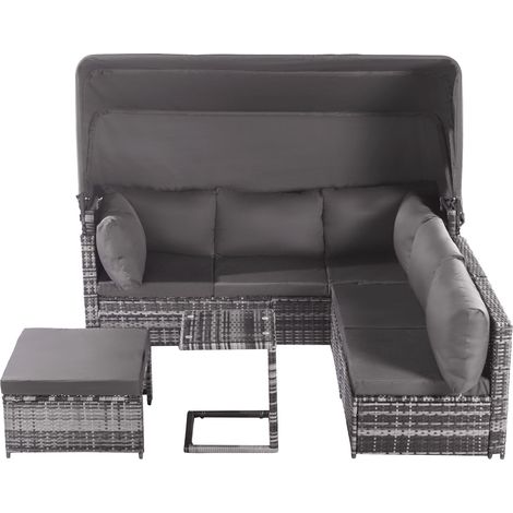 Ensemble salon jardin rotin Sun Island auvent canapé table fauteuils tabouret,mobilier extérieur étanche balcon jardin,finition grise.