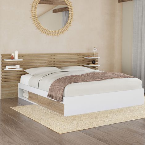Cama doble SAVANA con cabecero, mesillas de noche, espacio de almacenamiento y somier de 160 x 200 cm en haya y blanco