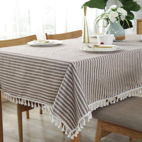 Mantel de lino y algodón a rayas con borlas,Cubremesas antipolvo,Ideal como decoración de mesa en la cocina y el comedor (130 x 180 cm) (1/5)