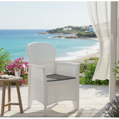 PROGARDEN sillon resina folia blanco + cojin , Sillón con cojín Folia Blanco. -Marca: Progarden. -Butaca efecto rattan. -Dimensiones producto : 60 x 58 x 89 cm. -Composición: Polip (1/5)