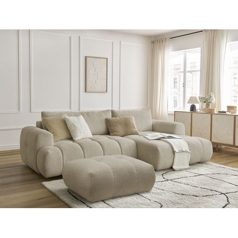 BOBOCHIC - Canapé d'angle convertible FUJI tissu bouclette avec pouf Angle droit  Beige (1/5)