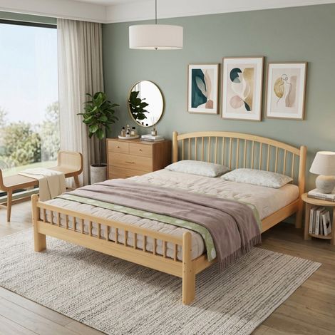 Bett aus Massivholz minimalistisch Natur Beige 140x200 cm mit Gitter-Kopfteil und Lattenrost