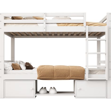Letto a Castello 90 x 200 cm, 2 Posti con Scaffali e Vano Contenitore, Divisibile in 2 Letti Singoli, senza Materasso, Bianco (1/5)