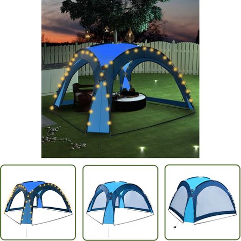 Tente avec LED - vidaXL Tente de réception avec LED et 4 parois 3,6x3,6x2,3 m Bleu - Tente anti-insectes (1/5)