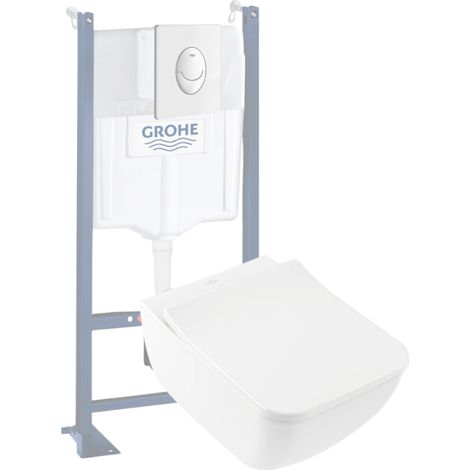 Pack inodoro suspendido sin cerco VILLEROY ET BOCH Venticello + asiento + placa blanca + estructura Grohe