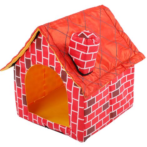 Maison pour animaux pliable avec cheminée en briques rouges, lit-tente amovible et lavable, rouge (1/5)