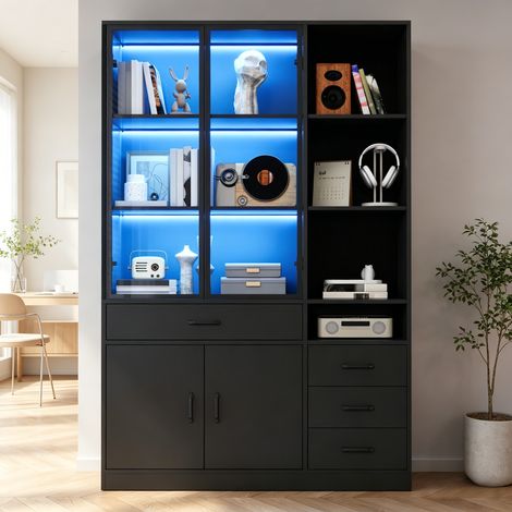 Bibliothèque vitrine LED 120x35x200 cm, meuble de rangement noir avec portes vitrées, 4 tiroirs, 13 compartiments et contrôle par application (1/5)