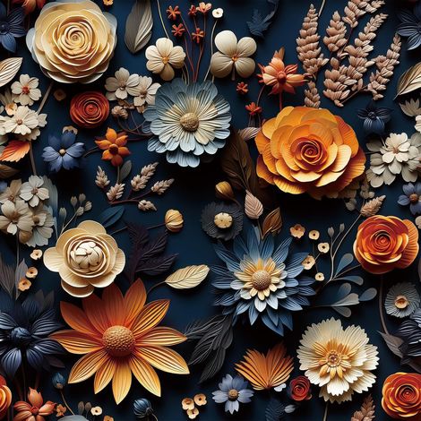 44.5CMx9M Papier Peint Fleuri Vintage Bleu Marine et Orange Papier Peint Adhesif Fleuri Vinyle Autocollant Mural Salle de Bain Salon Imperméable Revetement Mural Beige Marguerite Roses Fleurs (1/5)