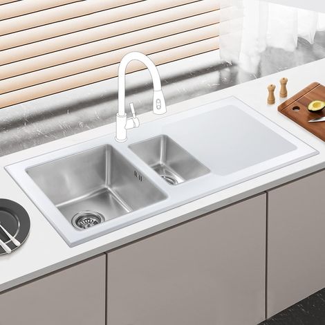 JASSFERRY Brilliant White Glass Kitchen Sink Stainless Steel 1.5 One Half Bowl Right Hand Drainer with Strainer Waste, 1000 X 500 mm