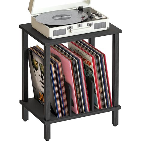 Support pour Tourne-Disque à 2 Niveaux, Table Platine Vinyle en Bois Style Industriel, avec Séparateurs, pour 100 Disques Vinyle et CD, Table d'Appoint pour Salon, Noir (1/5)