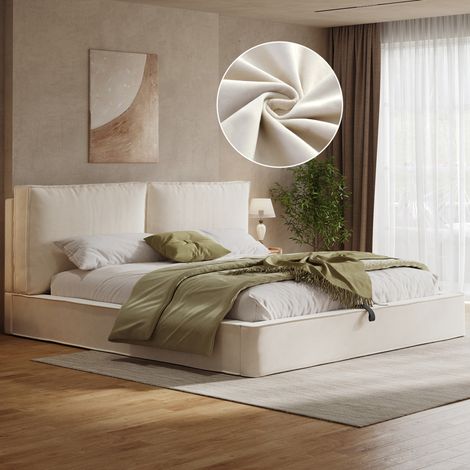 Doppelbett mit Stauraum 180x200 Samt Beige Lattenrost OKMYHOME (1/5)