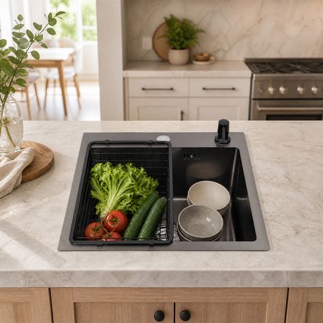 【Chauffage et ventilation】Inox Évier Cuisine 1 Bac 45x 40 cm,3 Types de Pose, Pré-percé pour Robinet et Distributeur de Savon, avec Panier d'Égouttage (1/5)