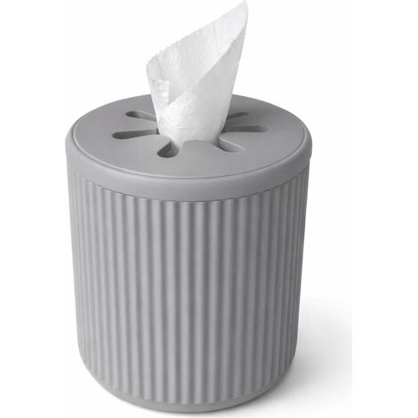 Caja de pañuelos gris con rollo de papel y organizador ranurado.