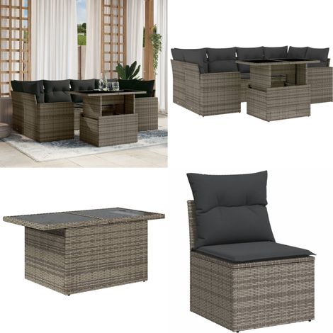 7-tlg. Garten-Sofagarnitur mit Kissen Grau Poly Rattan - Gartenmöbel Set - PE-Rattan Möbel - Outdoor Lounge - Gartenlounge - Terrassenmöbel - Home & Living (1/5)
