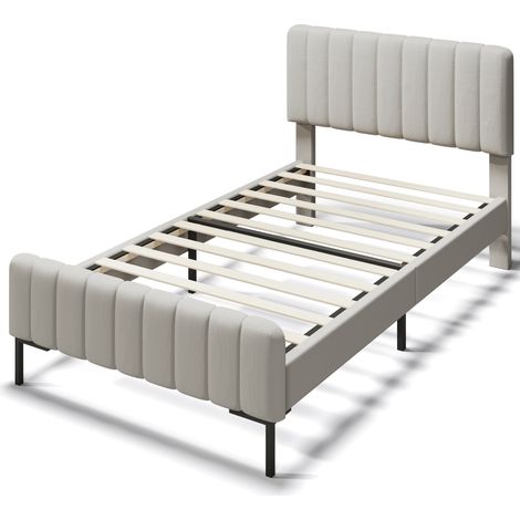 Letto singolo imbottito 90 x 200 cm con rete a doghe e testiera regolabile, grigio-beige in lino (1/5)
