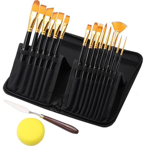 Lot de 15 pinceaux peinture, coloris noir argenté, set pour acrylique et huile (1/5)