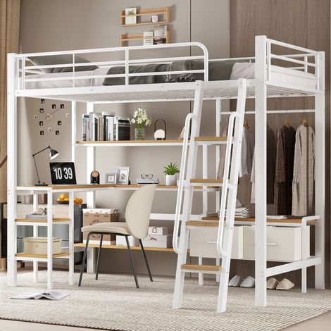Cama alta moderna de metal y MDF blanco+natural 90x200 cm con escritorio, estantería y 2 cajas de tela (1/5)