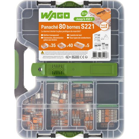 Wago – Malette de 80 bornes de connexion S222 2, 3 et 5 entrées – CAGE CLAMP® – Conducteurs souples jusqu'à 4 mm² – Tension 450 V – Courant 32 A
