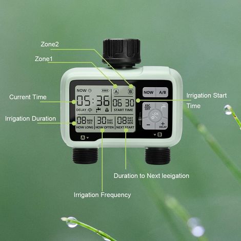 Minuterie Arrosage Automatique pour Jardin 2 Voies, Minuterie Irrigation 2 sorties, vert，12.5x9c