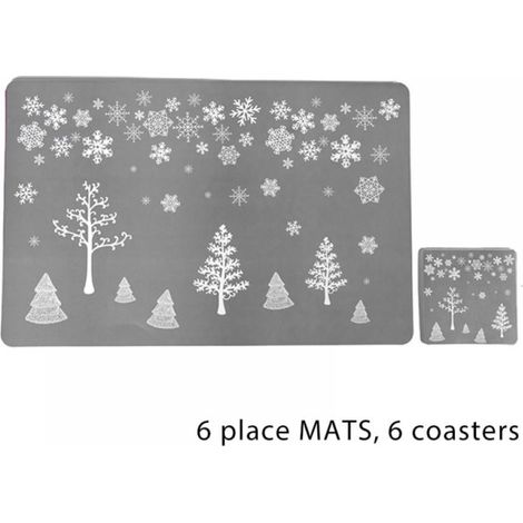 Set De Sous-Plats Et Sous-Verres De Noël - Imprimé Flocon Et Arbre De Noël - PVC - 6 Sous-Plats 43,5 X 28,5 Cm Et 6 Sous-Verres 10 X 10 Cm - Rouge Et Gris (1/5)