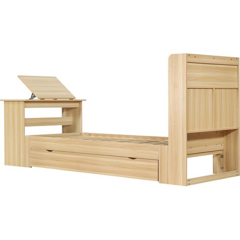 Letto singolo bambino 90x200 cm in legno naturale con contenitore e scrivania ribaltabile (1/5)