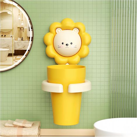 Vaso autoadhesivo de pared para niños, diseño de león amarillo, sin perforaciones, para cepillo y pasta de dientes. (1/5)