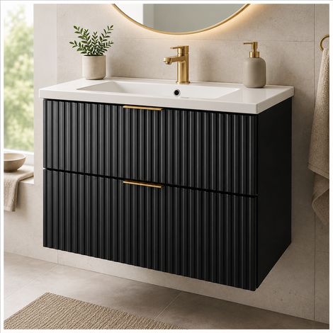 Meuble de salle de bain 60 cm, noir mat, 2 tiroirs à fermeture douce, sans vasque – 60 × 57 × 46 cm (1/5)