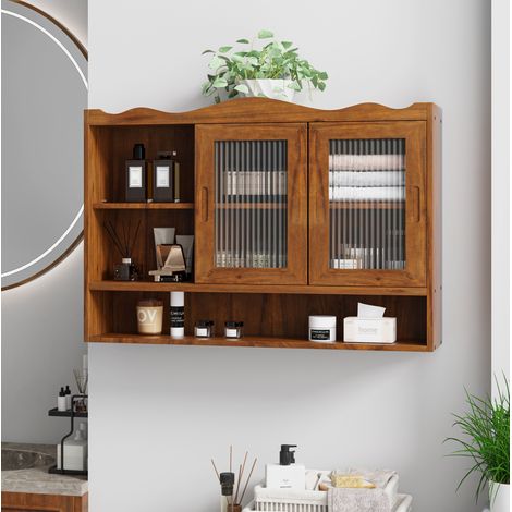 Armoire murale 90x20x60 cm marron en bois massif et verre avec 2 portes coulissantes (1/5)